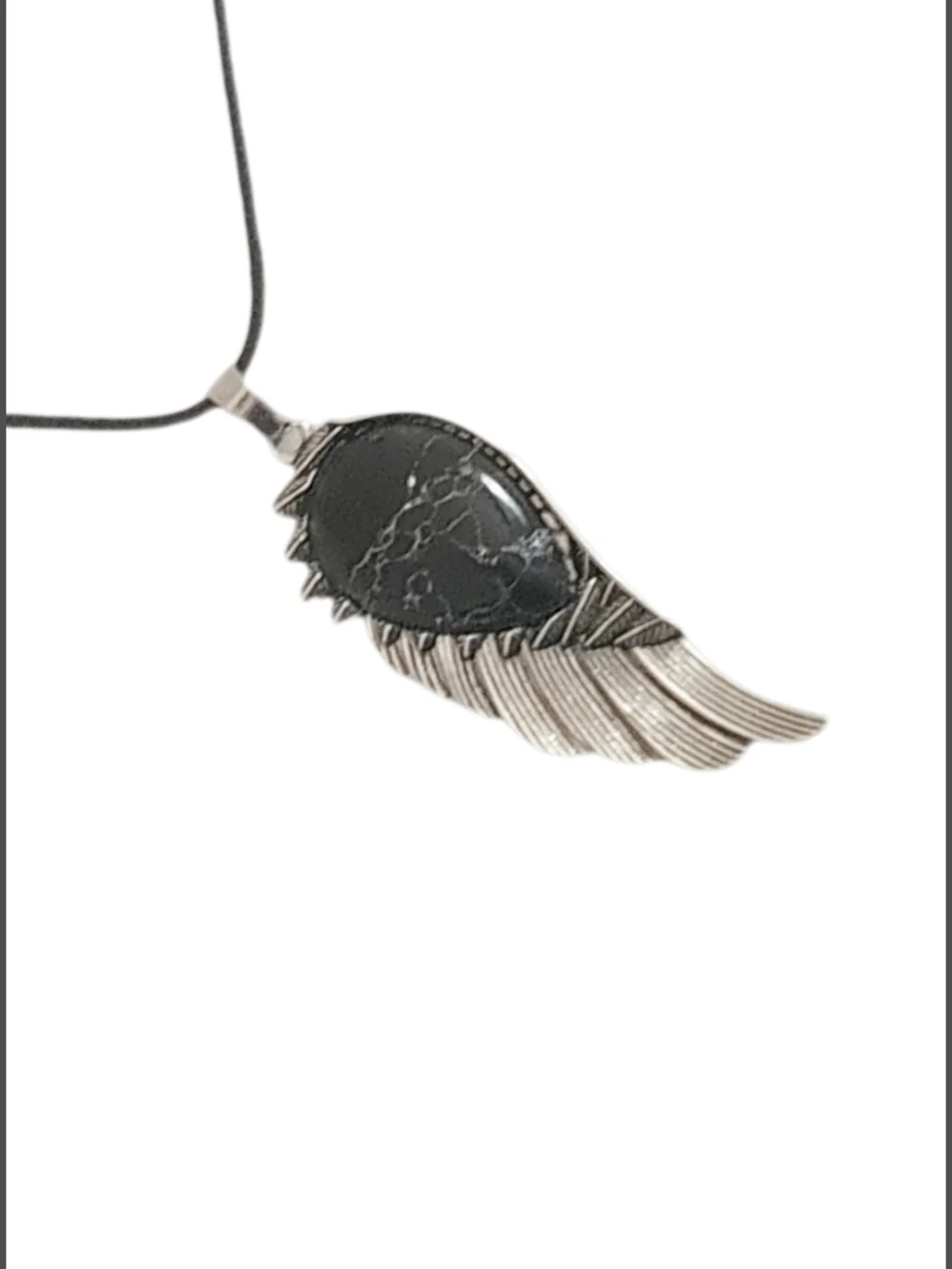 Elegant Silver Wing Natural Stone Pendant w/ Cord Necklace NWOT